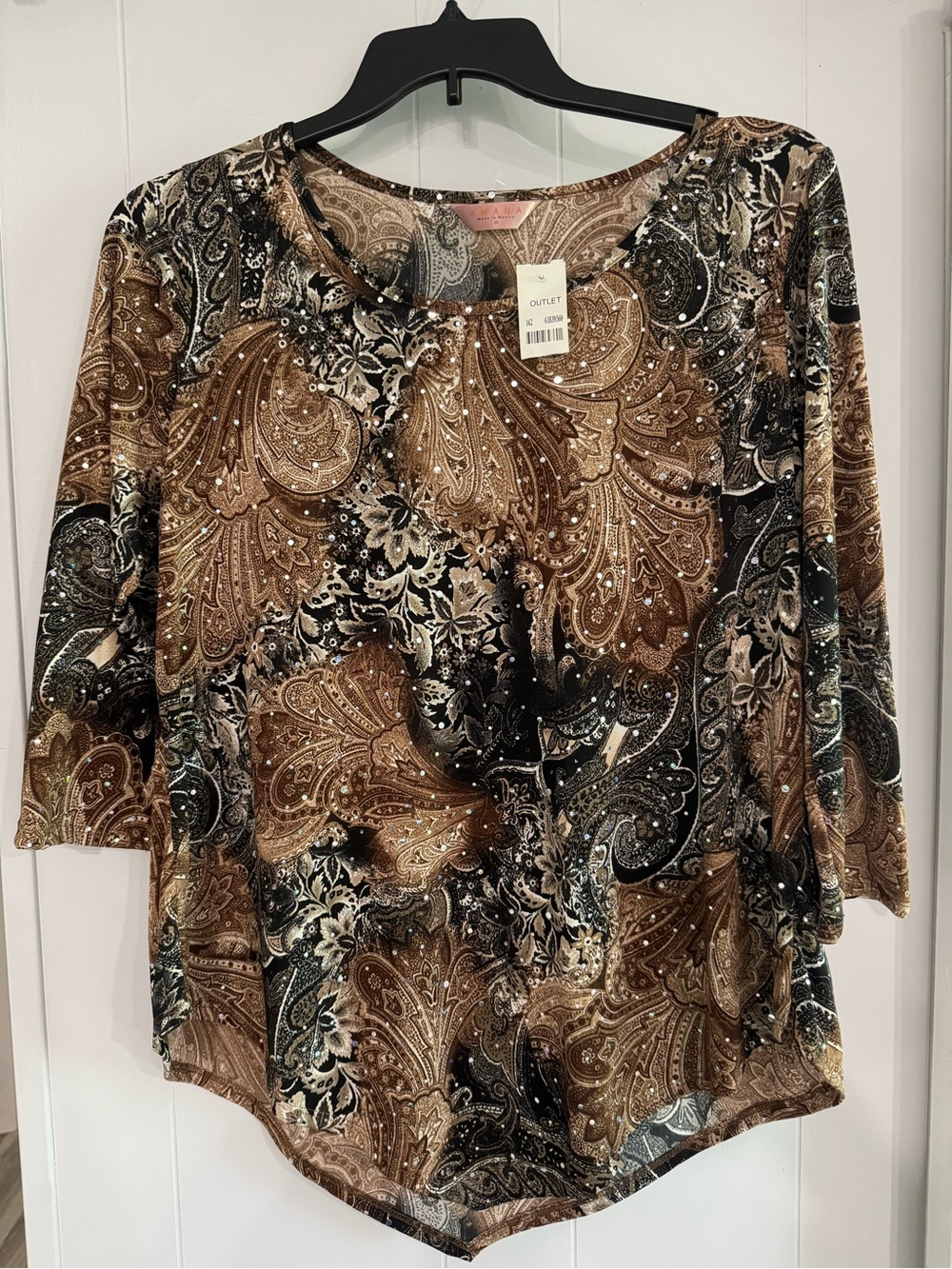 Amiana Brown Paisley Scoop Neck 3/4 Sleeve Tunic